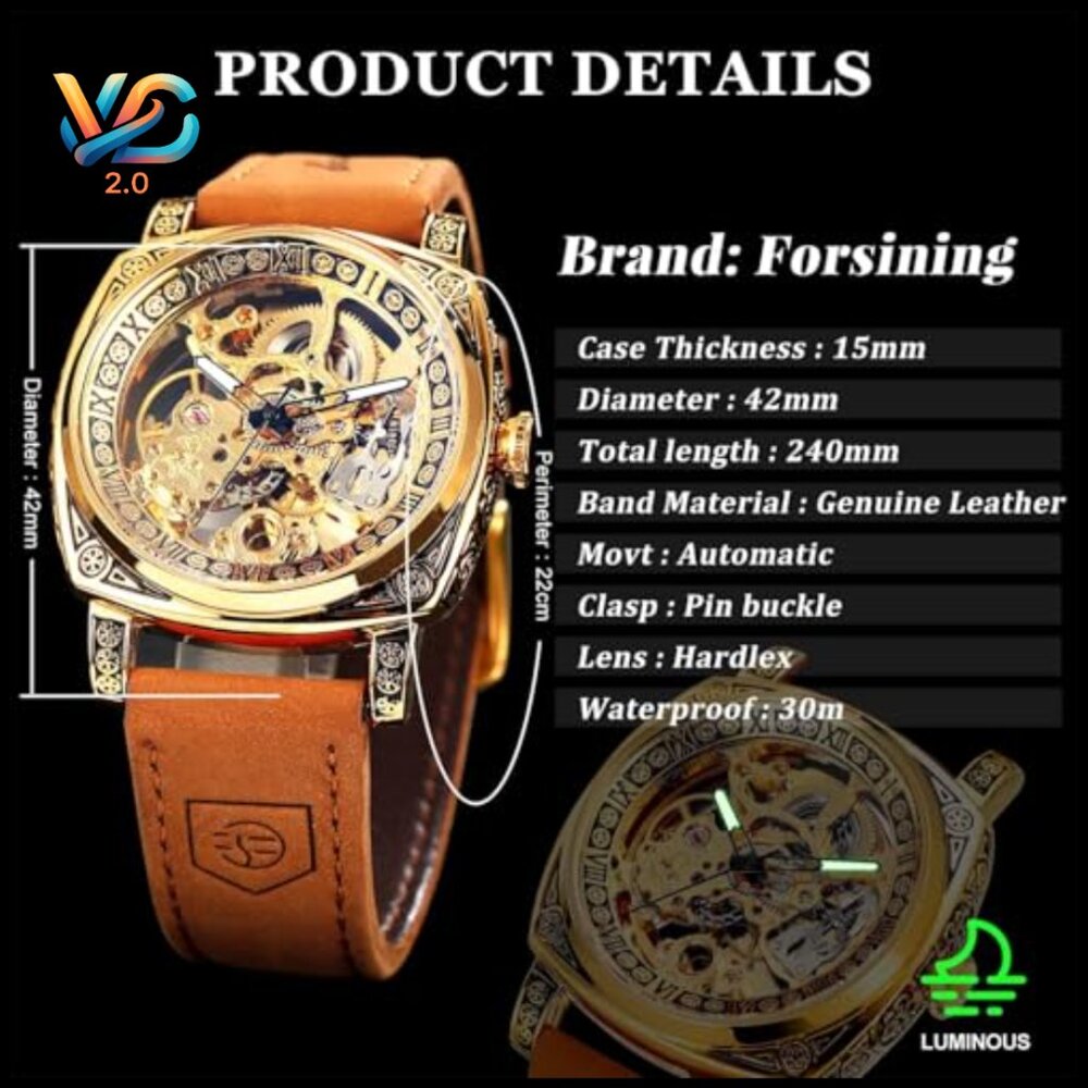 Square Skeleton Automatic Watch, Self-Winding Mec… - image 6